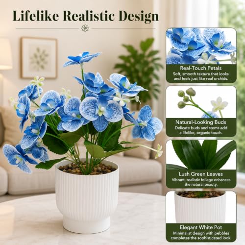 Image of CURATED CART Flower Pot with Artificial Flowers - Orchid Blue Flower with White Vase | Ideal for Home Decor | Office Decor | Gifting | Size 25 x 15cm