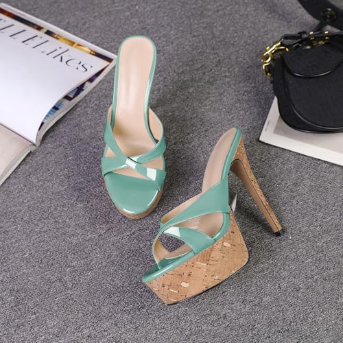 Image of Esvowido Heeled Mules for Women Cork Platform Stiletto Heels Slip on Open Toe High Heeled Sandals Crisscross Slippers Pumps Shoes