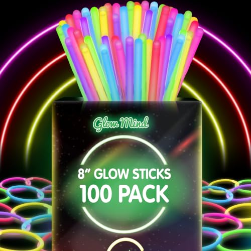 100 Ultra Bright Glow Sticks Bulk Party Pack - Halloween Glow in the Dark Party Supplies Pack - 8' Glowsticks Party Favors with Bracelets and Necklaces