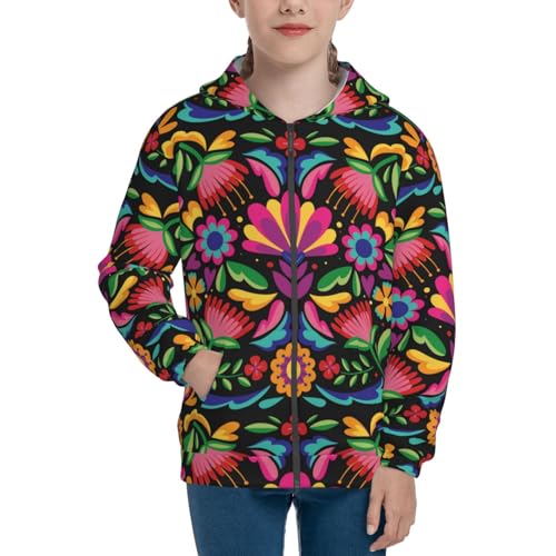 Colorful Floral Embroidery Mexican Kid Hoodies Boys Zip Up Sweatshirts Girls Pullover with Pocket3