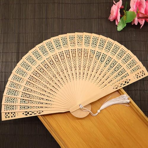 Folding Hand Fan with Hollow Engraving Sandalwood Design, 8x1x1 In Foldable Portable Lightweight Durable Long Lasting Engraved Hand Held,Stylish Dancing Fans for Wedding Parties Summer Guests (beige) - image 2