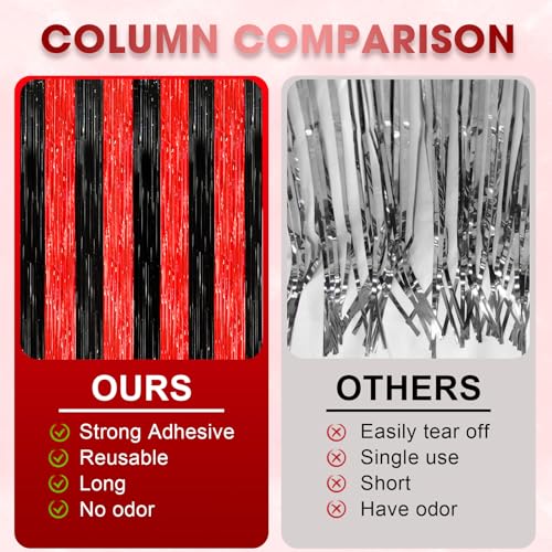Image of Voircoloria 2 Pack Red and Black Tinsel Foil Fringe Curtains, Red and Black Party Decorations, Metallic Tinsel Party Streamers Backdrop for Halloween Birthday Red Carpet New Years Party Decorations