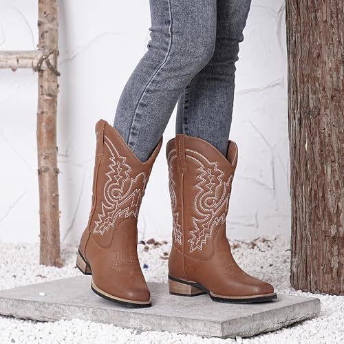 Women's Cowboy Western Boots - Square Toe Wide Calf Boots - Low Heels Short Mid Calf Booties Shoes2