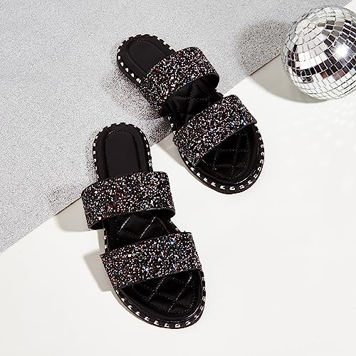 Image of Women's Open Toe Flat Sandals Rhinestone Glitter On Casual Fashion Slippers Quick Drying Indoor & Outdoor Slides