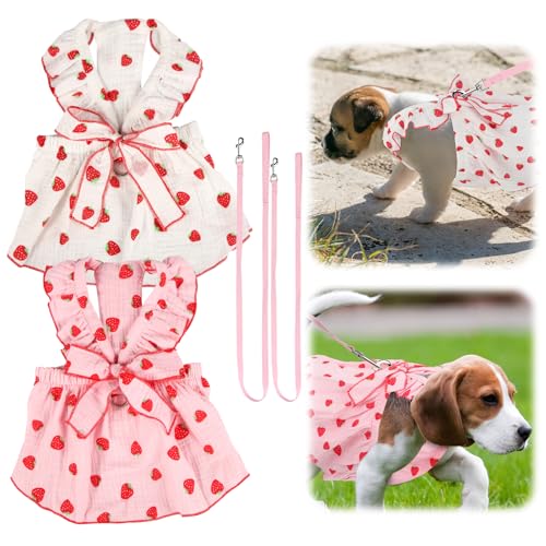 2pcs Girl Dog Dresses, Strawberry Printed Dog Clothes with Bow Decoration Cotton Puppy Clothes Pink Cat Clothes Pet Dress for Small Medium Large Extra Large Dog and Cat (XL)