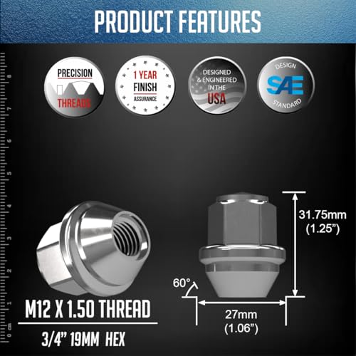 Image of Wheel Accessories Parts 20 Pcs M12x1.5 12x1.5 Thread OEM Style Lug Nuts 1.25 inch 32mm Long Chrome 3 /4 inch 19mm Hex Fits Ford Bronco Sport Escape Fusion | Lincoln Corsair CV6Z-1012-C | 611-303