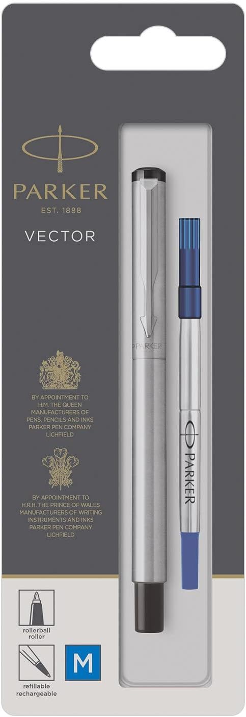 Parker Medium Point Vector Rollerball Pen, Stainless Steel with Chrome Trim, Blue Ink, Blister Pack