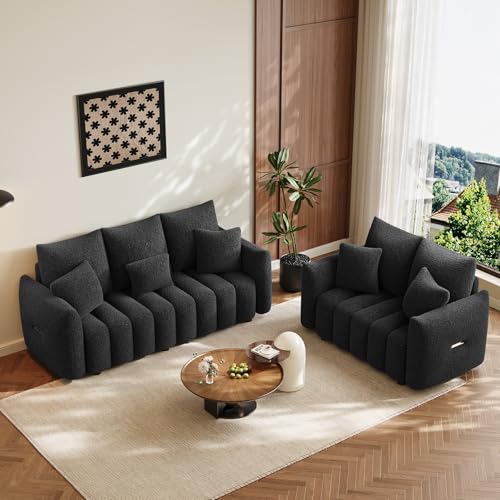 Image of OUYESSIR 2 Pieces Boucle Sofa for Living Room, Modern Deep Seat Loveseat & 3-Seater Couch, Oversized Cloud Sofa Couch Set, Comfy Upholstered Teddy Living Room Furniture, Black