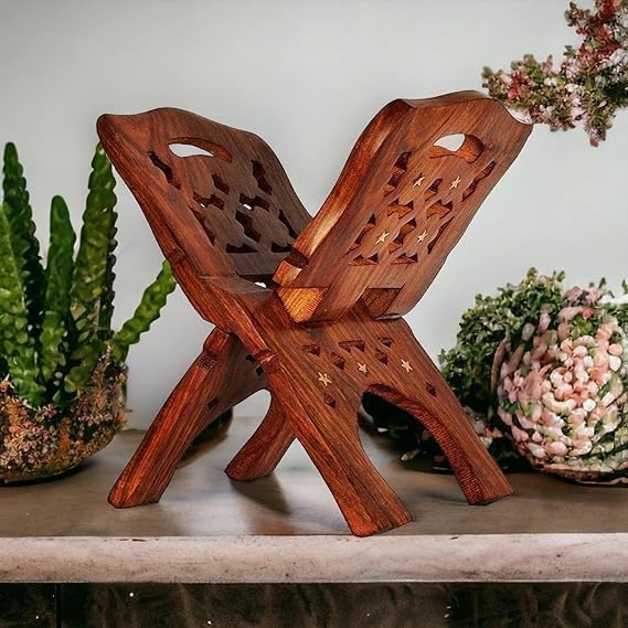 Wooden Book Stand, Brown, Carved Design, X-Shaped Folding Holder, Handcrafted-image-30