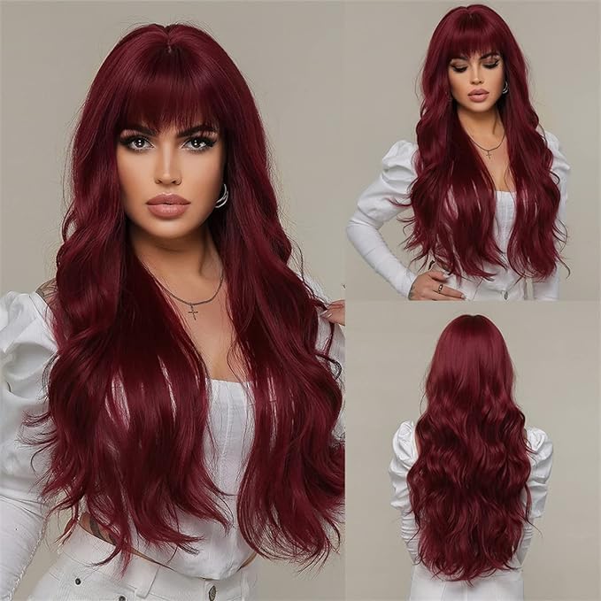 Sponsored Ad – Dark Red Wigs for Women Dark Red Wig with Bangs Long Curly Wavy Wig Synthetic Heat Resistant, 1. Count