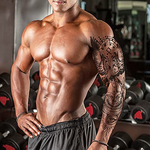 Oehok Temporary Tattoos, Extra Large Full Arm Fake Tattoos, Cool Waterproof Tattoo Stickers, Body/Leg/Arm Makeup Lasting Tattoos Sleeve For Adult/Man/Women/Girl, Fashion Black Eagle And Warrior 3D Realistic Temp Tattoo #TOP5