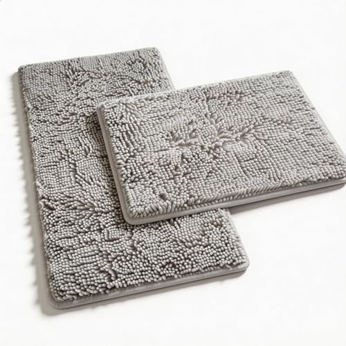 Bathroom Rugs Sets 2 Piece Plush Chenille Bath Rugs Non-Slip Bath Mats Absorbent Shaggy Rugs,Bathtub Mat, Gray Pet Dog Mats,Washable Bathroom Carpet f