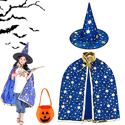 Cape du Magicien d'halloween, Costume d'Halloween pour Enfants, Sorcière Cape avec Chapeau, Citrouille Sac à Bonbons, Manteau de Sorcière Déguisement pour Enfant garçons Filles Cosplay Party