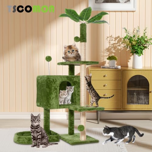 Image of 52inch Large Cat Tree Tower Condo with Hammock for Indoor Cats, Soft Plush Multi-Level Climbing Tree Cat House with Cat Cave, Scratching Post, Sisal Rope, Green
