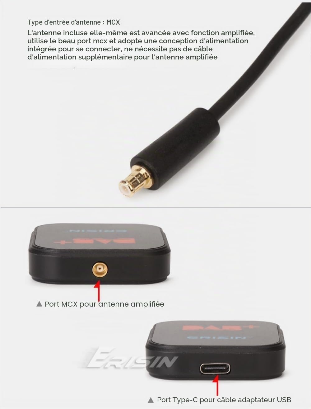 ERISIN Radio numérique Dab+ avec kit d'antenne amplifiée pour autoradio Android 11/12 / 13/14