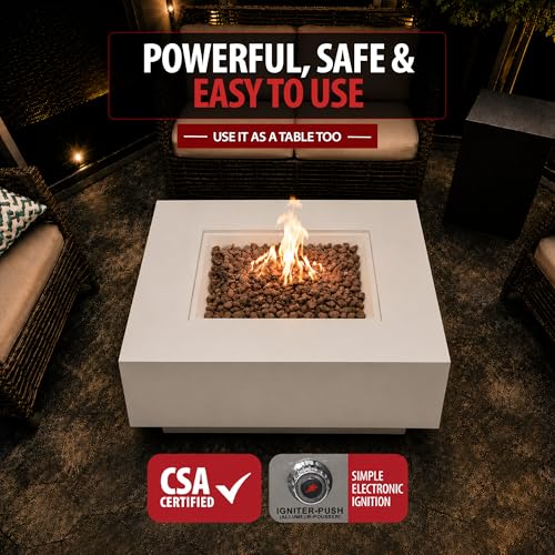 Image of AMS Creations | Brooklyn 40 inch Bundle Square Propane Gas Outdoor Fire Pit Table | Cream White Concrete GFRC Smooth Texture Surface Fire Pit Table