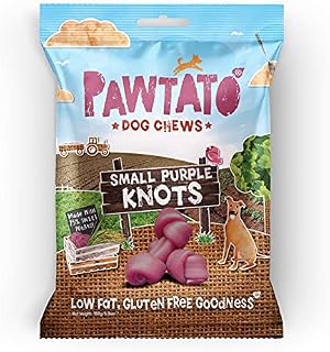 Pawtato Vegan dog chews Small Purple Knots. Natural rawhide alternative dog treat. Low fat, plant based, hypoallergenic, sweet potato chews, 150g