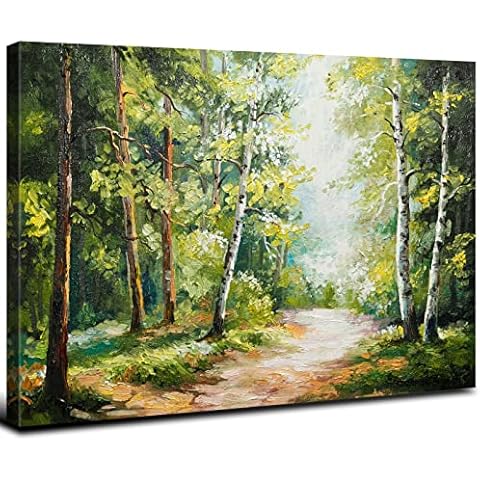 Green Forest Wall Art Abstract Birch Trees and Path Oil Painting Style Canvas Prints Art Sunrise Nature Landscape Picture Decor for Living Room Bathroom Bedroom Home Decoration Ready to Hang 24x36" Cover