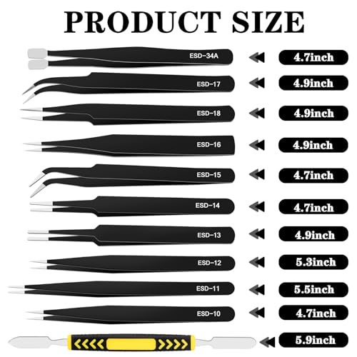 11 PCS Precision Tweezers Set, ESD Tweezers Set, Premium Craft Tweezers Kit, Anti-Static Stainless Steel Tweezers with Tweezer Storage Bag for Lab, Electronics, Jewelry, Laboratory Work, DIY - Image 3