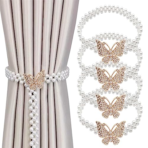 Abrazaderas Cortinas,Zliger 4 Piezas Alzapaños Cortinas Alzapaños de Cortina de Metal Sujeta Cortinas con Perlas y Mariposa Tiebacks de Corbata para Decoración de Ventanas de Hogar y Oficina