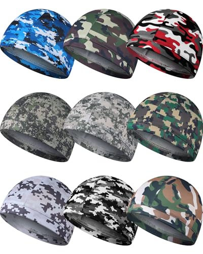 Image of 9 Pcs Cooling Skull Cap Camo Liner Sweat Wicking Lightweight Cycling Cap Running Hat for Men Women