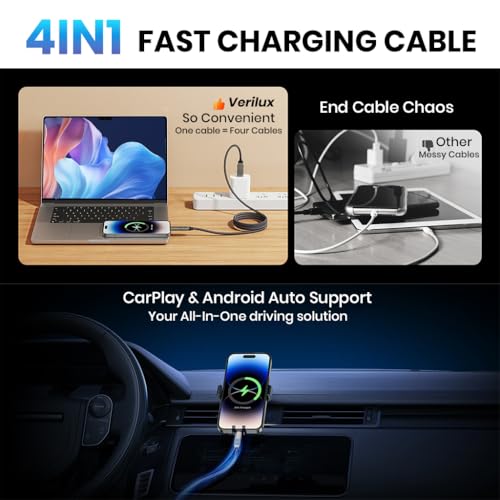 Image of Verilux 4 in 1 Type C Cable with LED Display 6.6FT, PD 100W USB C & PD 27W Lighting with 480Mbps Data Transfer, Nylon Braided C Type Charger Cable for iPhone 17 /16 /15, Galaxy S26 /S25 /S24