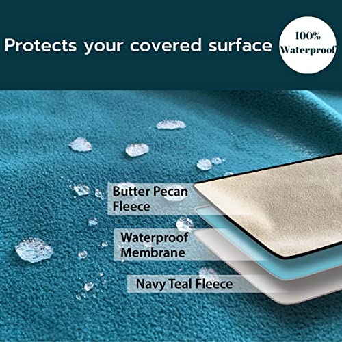 Waterproof Blanket Cover 80”X90” For Adults, Dogs, Cats Or Any Pets - 100% Waterproof Furniture Or Mattress Protector – Large Size For Twin, Queen, King Beds (Navy Teal / Butter Pecan) #TOP2