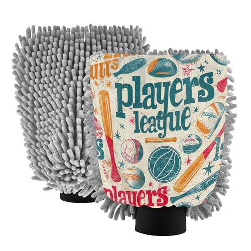 Kigai Cartoon Baseball Painting Car Wash Mitt Microfiber, 2Pcs Scratch Free Lint-Free, Premium Chenille Microfiber Mitt Car Wash Brush-L