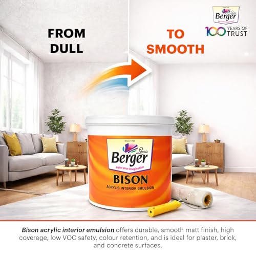 Image of BERGER Bison Interior Emulsion Paint for Walls and Ceilings with Anti-Fading Properties Acrylic Based Washable & Durable Rich Smooth Matt Finish (1Ltr, White)