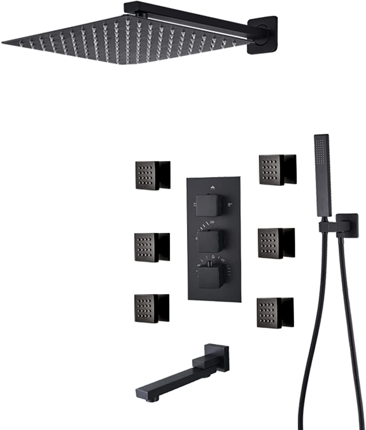 AYCDL Shower System Thermostatic Concealed Shower Faucet Set Wall Mounted Matte Black Anti Scald Shower Combo Set with 6 Body Sprays with Hand Shower and Waterfall Ra,size_name-16 Inch