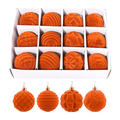 Christmas Home Decorations Baubles Flocked Velvet Christmas Tree Ball Ornaments Set Decorative Hanging Baubles Shatterproof Plastic Decorations for Xmas Tree Wreath Garland (Orange)
