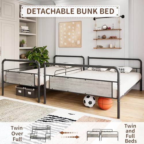 GarveeHome Metal Bunk Bed Twin Over Full Size with Angled Ladder, High Guardrail, Heavy Duty Bunk Bed Frame with Metal Slats, Smooth Rounded Edges, for Kids, Teens, Adults, Black+Grey