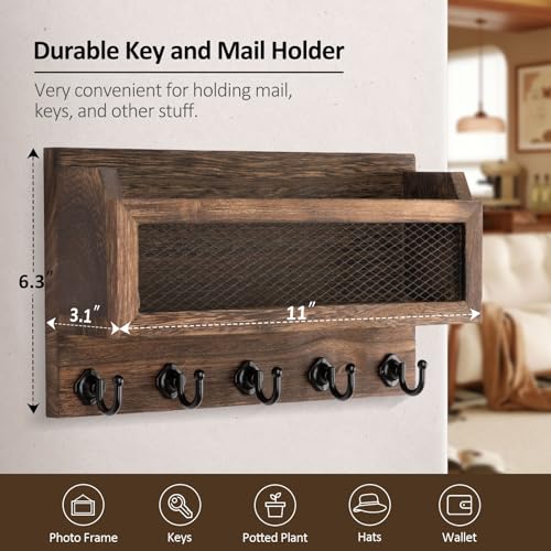 Nekon-Mail-and-Key-Holder-for-Wall-Decorative-11-Inch-Mail-Holder-Brown-Wooden-Wall-Key-Organizer-with-5-Key-Hooks-Wall-Mount-Storage-Shelf-for-Entryway-Hallway