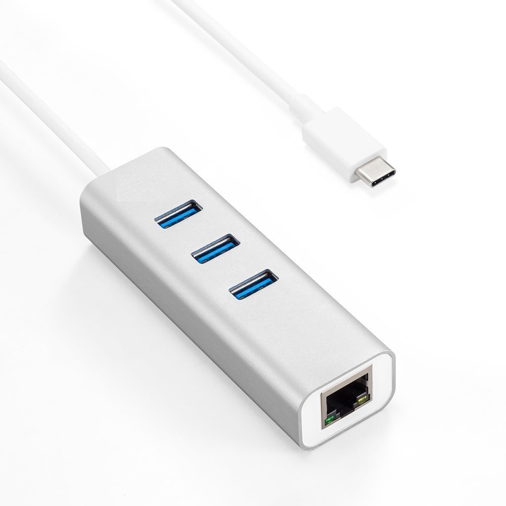 USB-C to 3-Port USB 2.0 Hub with Ethernet Adapter for USB Type-C Devices Including The New MacBook 2016, ChromeBook Pixel and More