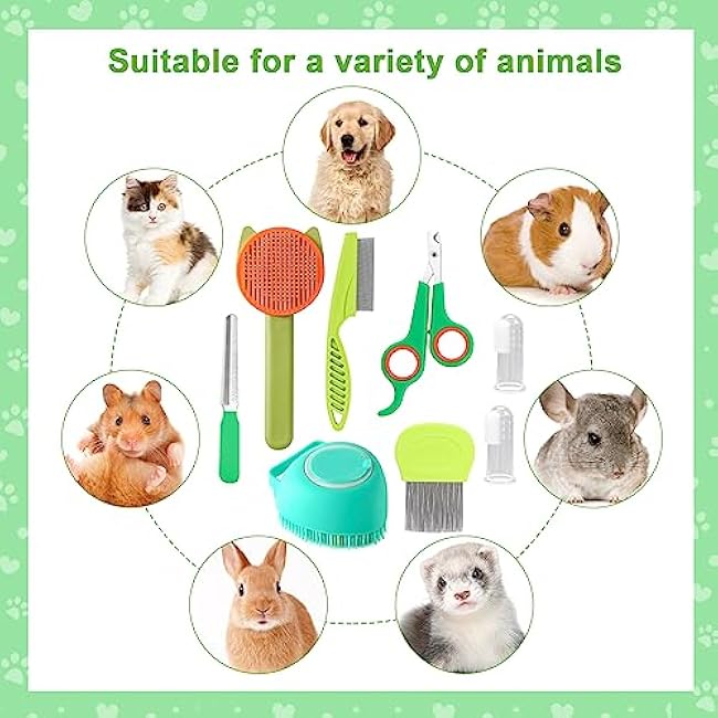 VCZONE 8 Pcs Cat Brush Grooming Kits, Pet Self Cleaning Kit with Pet Nail Clipper and File, Flea Comb, Pet Shampoo Bath Brush, Pet Shedding Brush, Silicone Toothbrush (Green)-AgsOWQJt