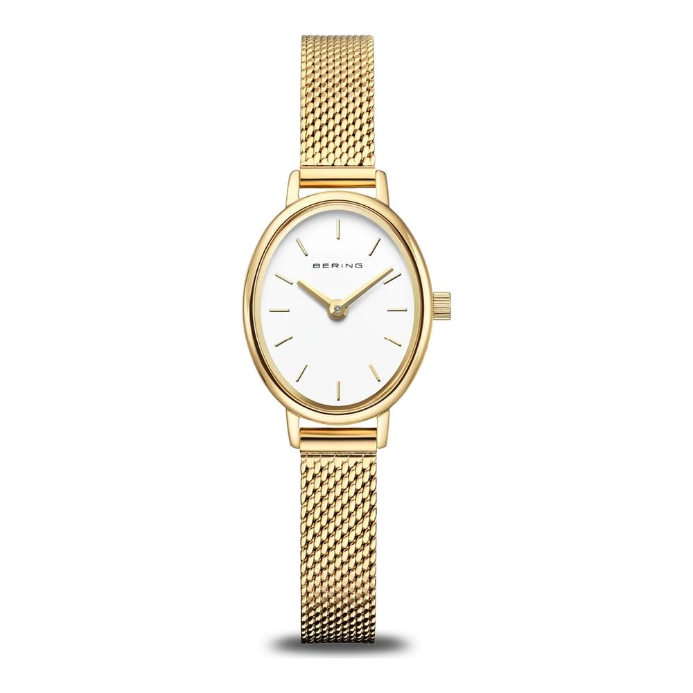 BERING Damen Quarz Uhr | Armbanduhr 20 mm goldenes Edelstahlgehäuse und weißes Zifferblatt | Milanaisearmband | Saphierglas | 3 ATM | 11020-334 | Saphirglas, Quarzwerk, Wasserdicht 3 ATM, Edelstahlgehäuse, Klappverschluss