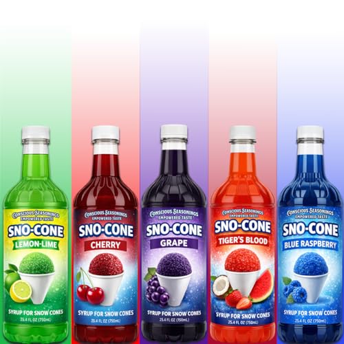 Conscious Seasonings Assorted Snow Syrup - 5 Flavors | Blue Raspberry, Cherry, Lemon Lime, Tiger Blood, Grape | 25.4 Fl Oz ea