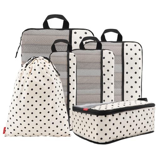 U+U 6 Set Compression Packing Cubes - Ultralight Travel Organizers with Laundry Bag, Space-Saving Suitcase Organizer, Expandable Packing Cubes for Travel, Business Trip and Family Vacation (Polka Dot)
