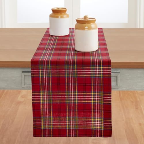 Solino Home Table Runner 60 Inches - 100% Pure Linen Red Classic Tartan Plaid Table Runner 14 x 60 Inch Ideal for Dresser and Coffee Tables