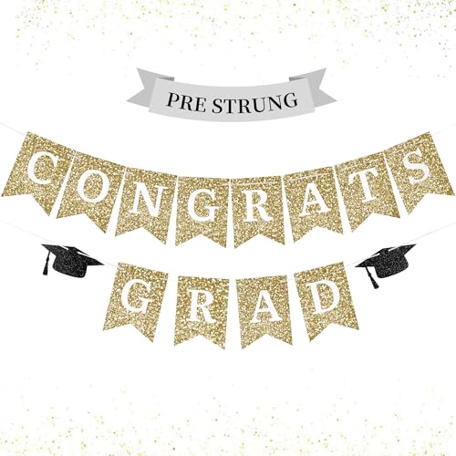 Image of Congrats Grad Banner Gold Glitter Pre-Strung Congrats Grad Sign Decorations - 8ft -No DIY - Graduation Party Decorations for Class of 2026 Graduation Decorations