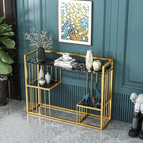 Image of ARTROCK Modern 3-Tier Console Table with Faux Marble Shelves, Gold Metal Frame, Narrow Entryway Sofa Table, Luxury Display Shelf Organizer for Living Room, Hallway, Bedroom & Office (Black Gold)