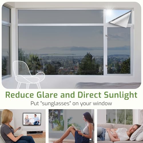 Image of LUTE One Way Window Privacy Film, Window Tint, Black Silver, 35.4 inch x 118.1 inch | Sun Blocking UV Heat Blocker, See Out Not in Reflective Mirror Film, Removable Static Cling Glass Coverings for Home Office