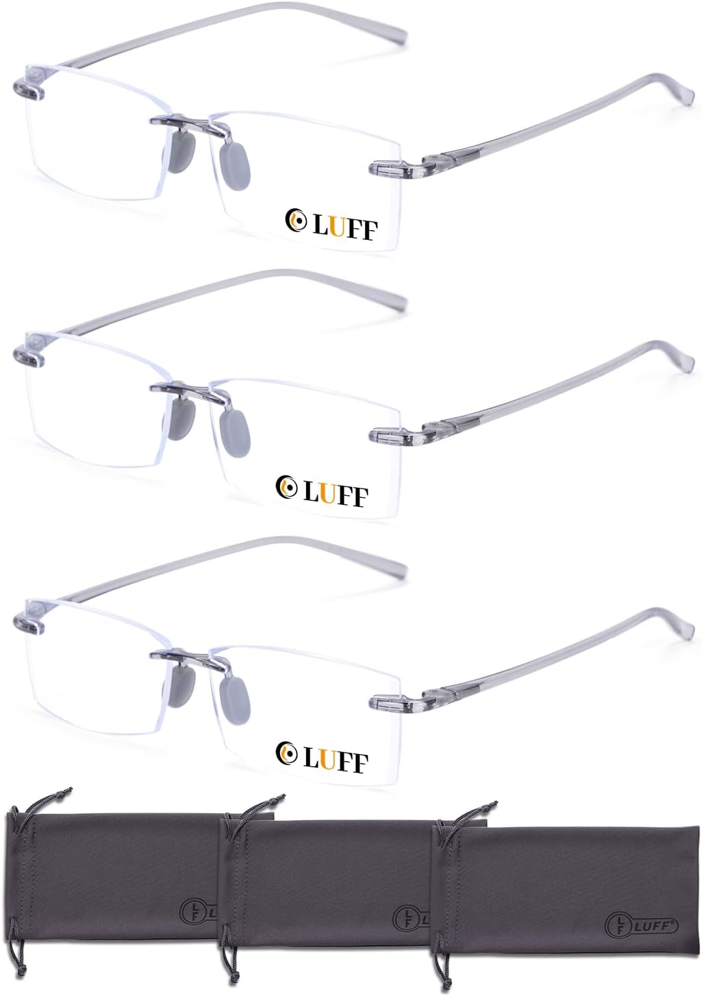 LUFF 3 Pack Rimless Reading Glasses Men Women- Comfortable Frameless Reader Lightweight TR90 Blue Light Blocking Eyeglasses