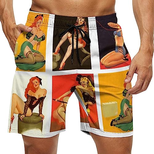 Pinup Girls Mens Swim Trunks Quick Dry Beach Shorts Casual Sports Board Shorts Swimwear with Pocket