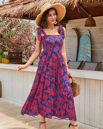 Image of BROVAVE Women Summer Floral Dress: Casual Square Neck Flowy Boho Beach Midi Sundress Sleeveless Tie Shoulder Vacation Daily