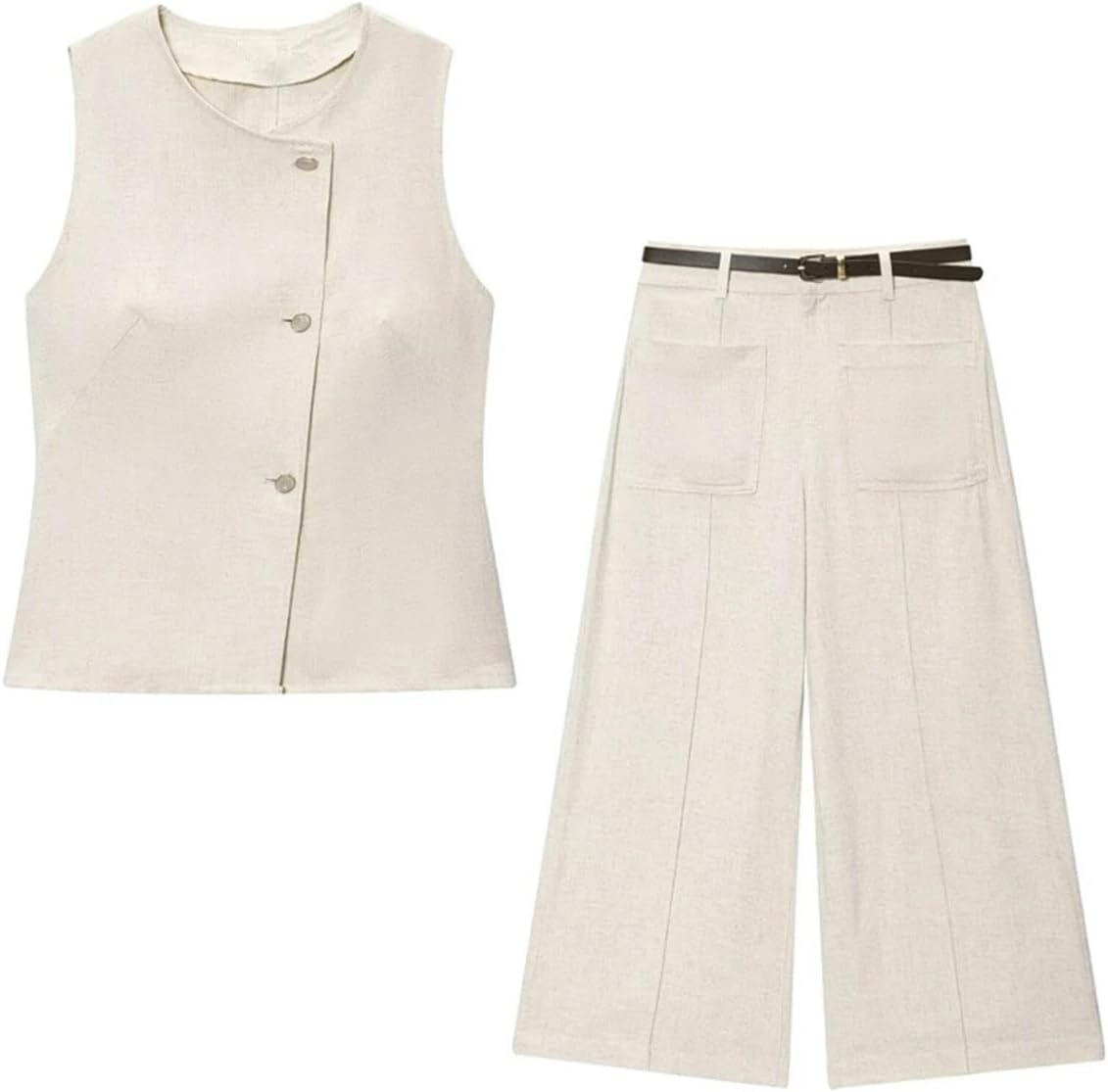 Womens Two Piece Vest and Pant Suit Single Breasted Waistcoat High Waist Wide Leg Trousers