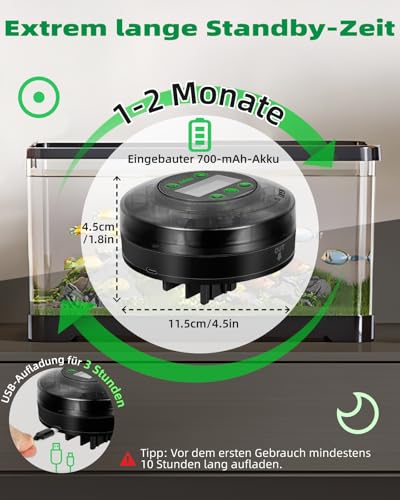Papettly Futterautomat Aquarium, Automatischer Fischfutterautomat für Aquarium mit Timer, Futterautomat, Wiederaufladbare Fische Fischfutterspender mit USB-Kabel LCD-Anzeige Fisch Futterautomaten