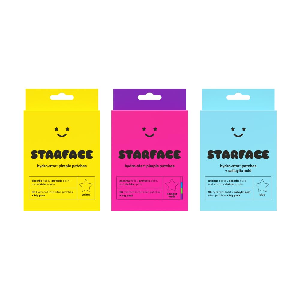 Starface World Hydro-Star Hydrocolloid Pimple Patches Big Pack (96 ct), Party Pack Colorful Hydrocolloid Pimple Patches Big Pack (96 ct), and Hydro-Star + Salicylic Acid Patches Big Pack (96 ct)