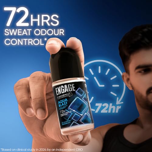 Image of Engage Aqua Blast Underarm Roll On Deo for Men|72 Hour Sweat & Odour Protection| Advanced Antiperspirant Formula|FreshEncap Technology |Non Sticky| 0% Alcohol | Dermatologically tested|50ml
