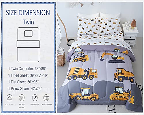 Image of Cokouchyi Twin Size Comforter Set for Boys, 4-Piece Bed in a Bag, 3D Construction Bedding Comforter Sheet Set, Ultra Soft and Fluffy, Cartoon Truck Cars